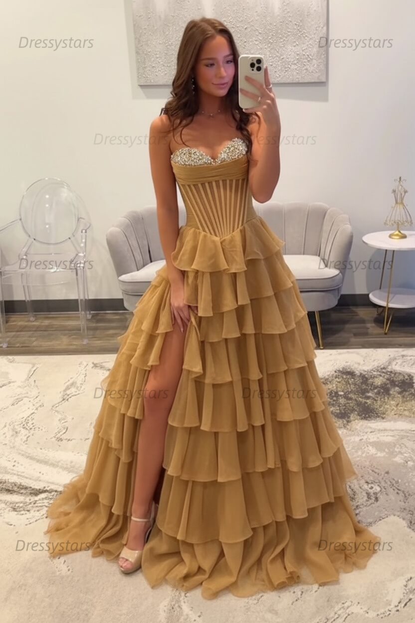 Ruffled Black Prom Dress A Line Corset Long Formal Dress With Beadings
