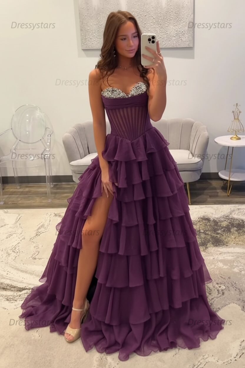 Ruffled Black Prom Dress A Line Corset Long Formal Dress With Beadings