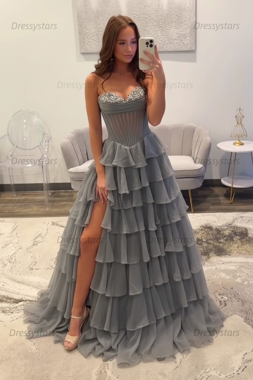 Ruffled Black Prom Dress A Line Corset Long Formal Dress With Beadings