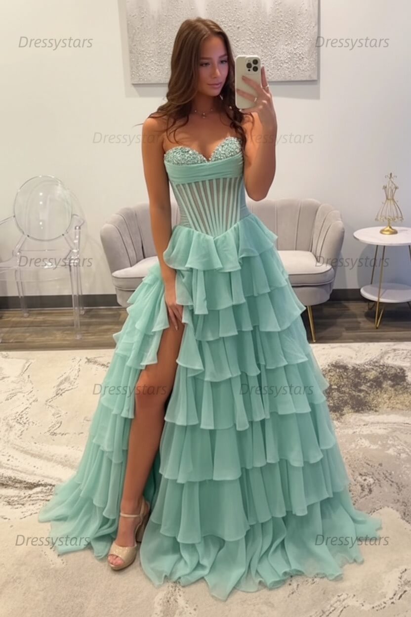Ruffled Black Prom Dress A Line Corset Long Formal Dress With Beadings