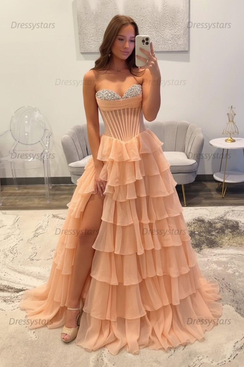 Ruffled Black Prom Dress A Line Corset Long Formal Dress With Beadings
