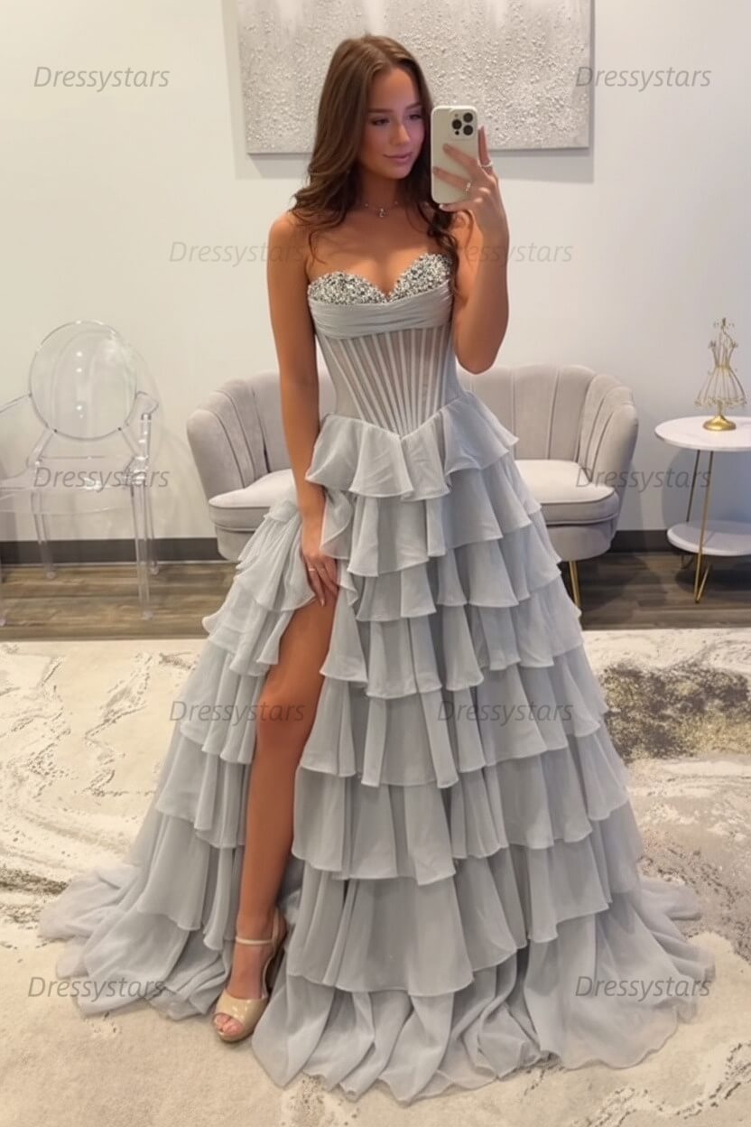 Ruffled Black Prom Dress A Line Corset Long Formal Dress With Beadings