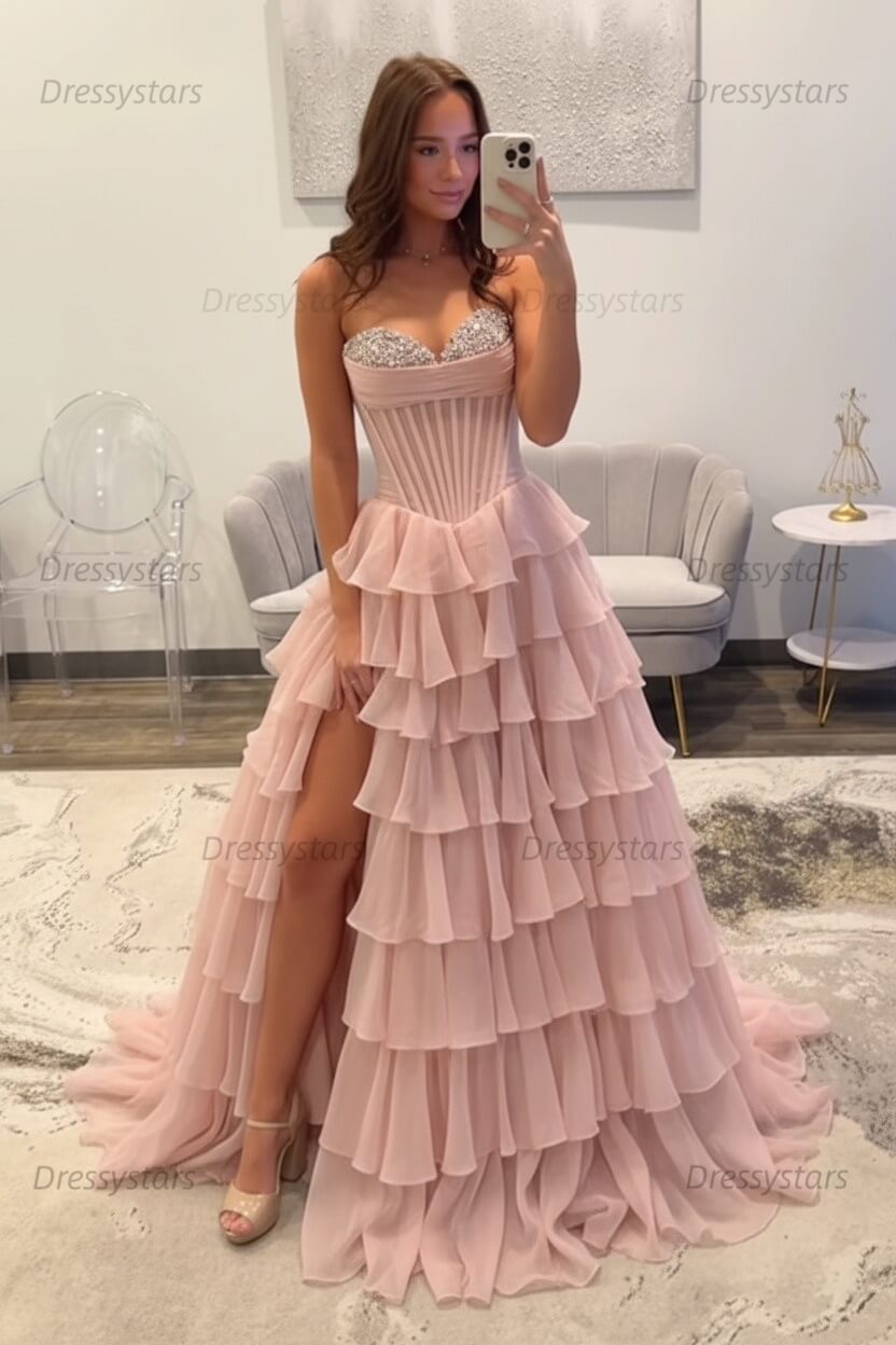 Ruffled Black Prom Dress A Line Corset Long Formal Dress With Beadings