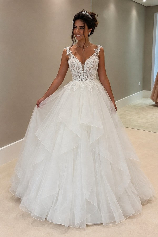 Ruffled Tulle A Line Wedding Dress with 3D Floral Straps