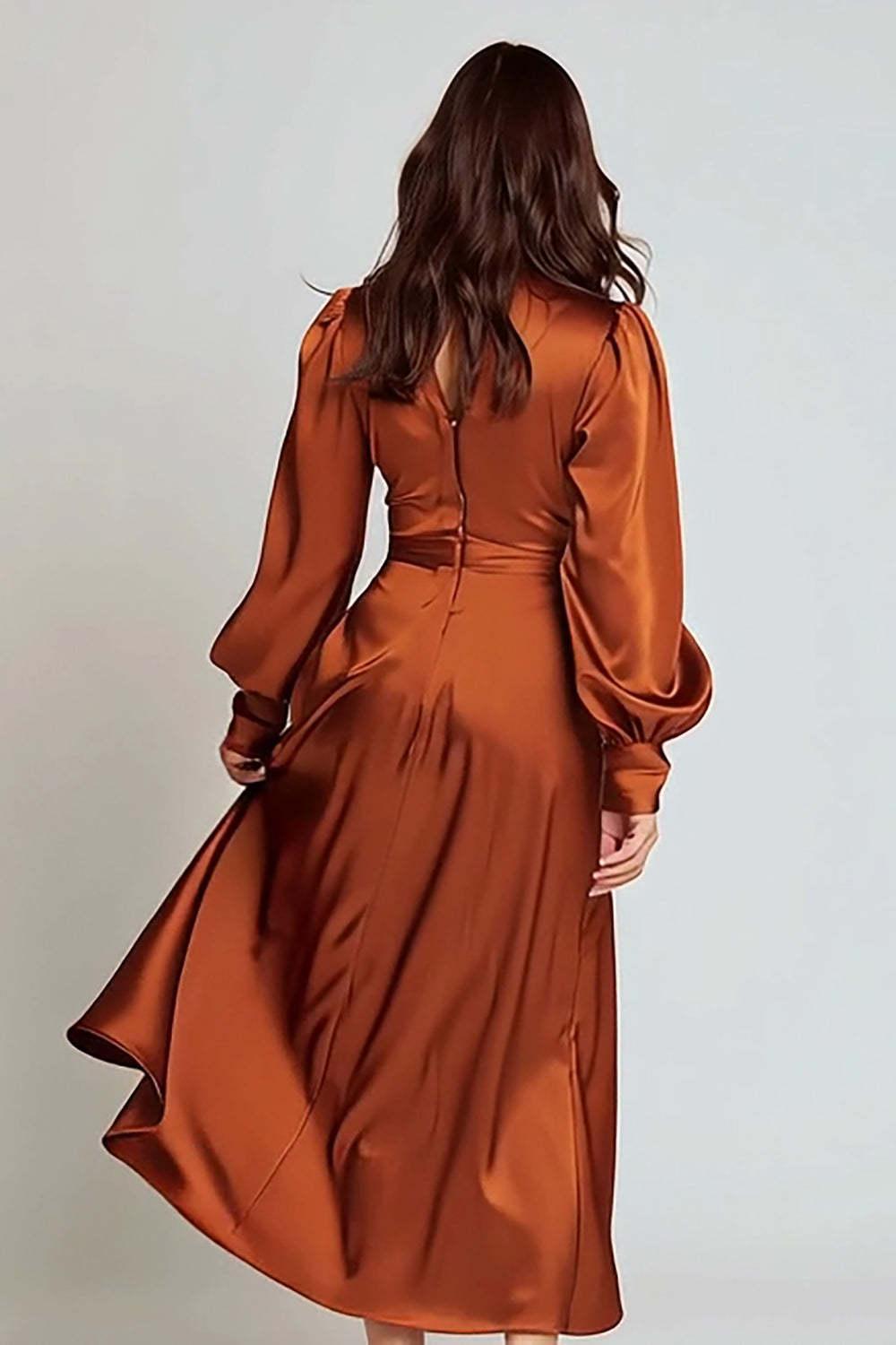 Dressystars Rust Satin A-Line V-Neck Ruched Midi Prom Dress With Sleeves