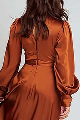 Dressystars Rust Satin A-Line V-Neck Ruched Midi Prom Dress With Sleeves