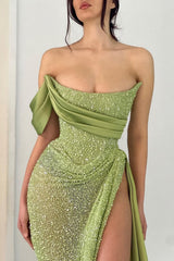 Dressystars Sage Green Off-The-Shoulder Beaded Prom Dress With High Slit Formal Evening Gown