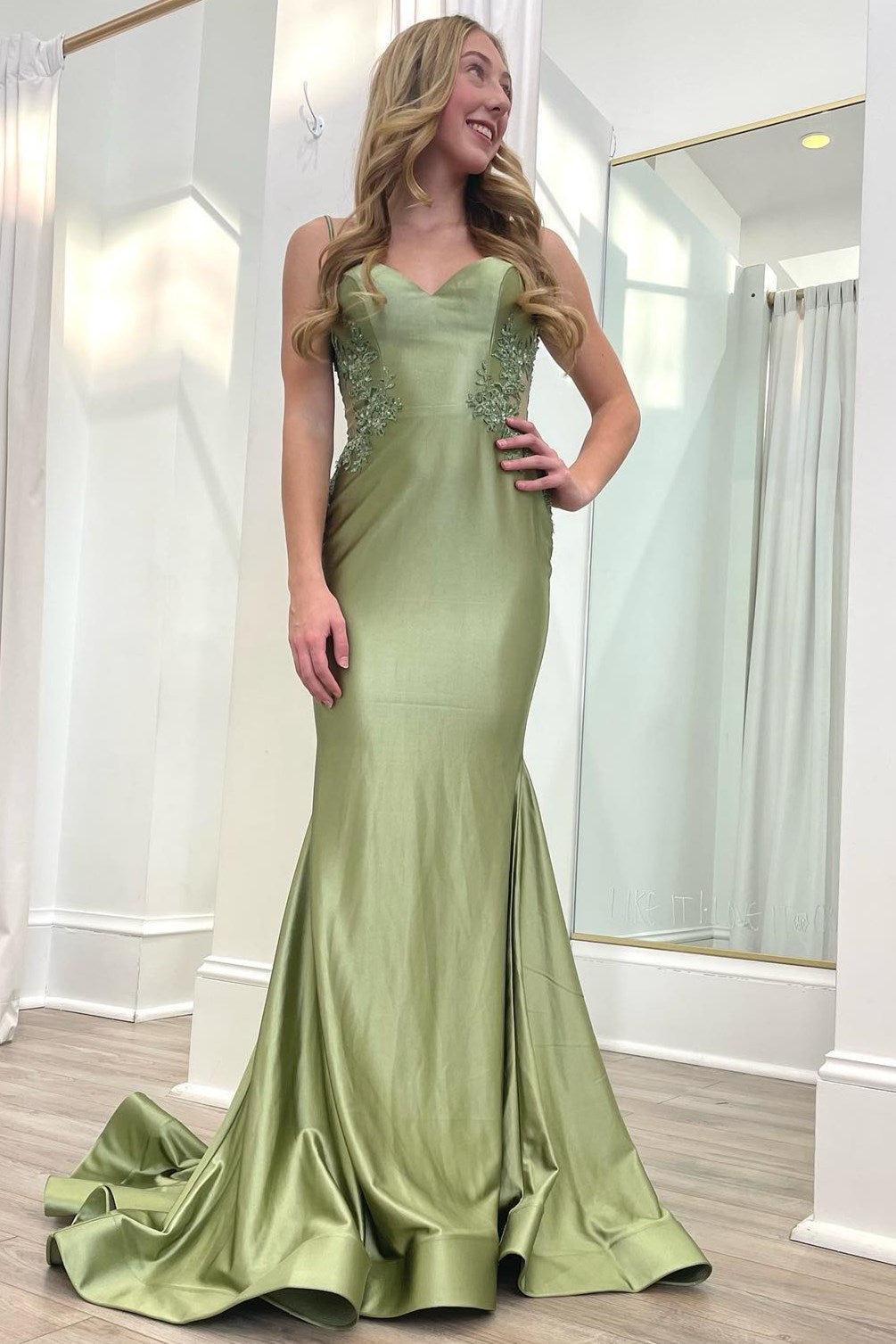 Sage Green Prom Dress Spaghetti Strap Backless Trumpet Long Gown Evening Dress