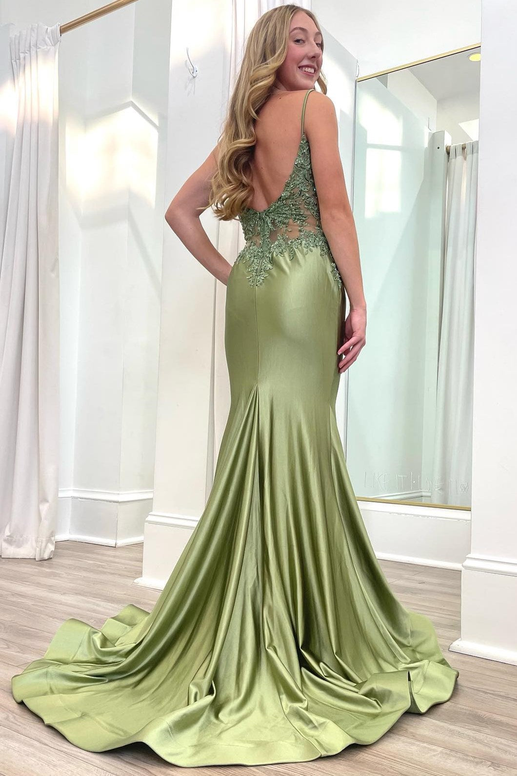 Sage Green Prom Dress Spaghetti Strap Backless Trumpet Long Gown Evening Dress
