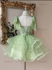 Sage Green Sweetheart Lace Corset Homecoming Dress with Bow Straps & Tiered Tulle Skirt