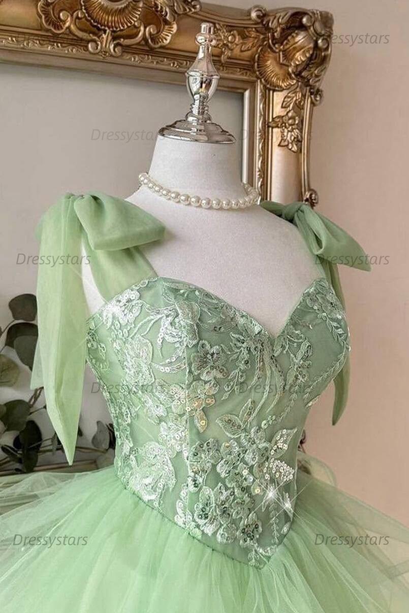 Sage Green Sweetheart Lace Corset Homecoming Dress with Bow Straps & Tiered Tulle Skirt