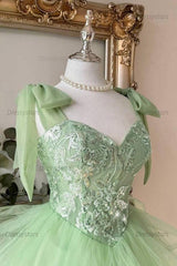 Sage Green Sweetheart Lace Corset Homecoming Dress with Bow Straps & Tiered Tulle Skirt