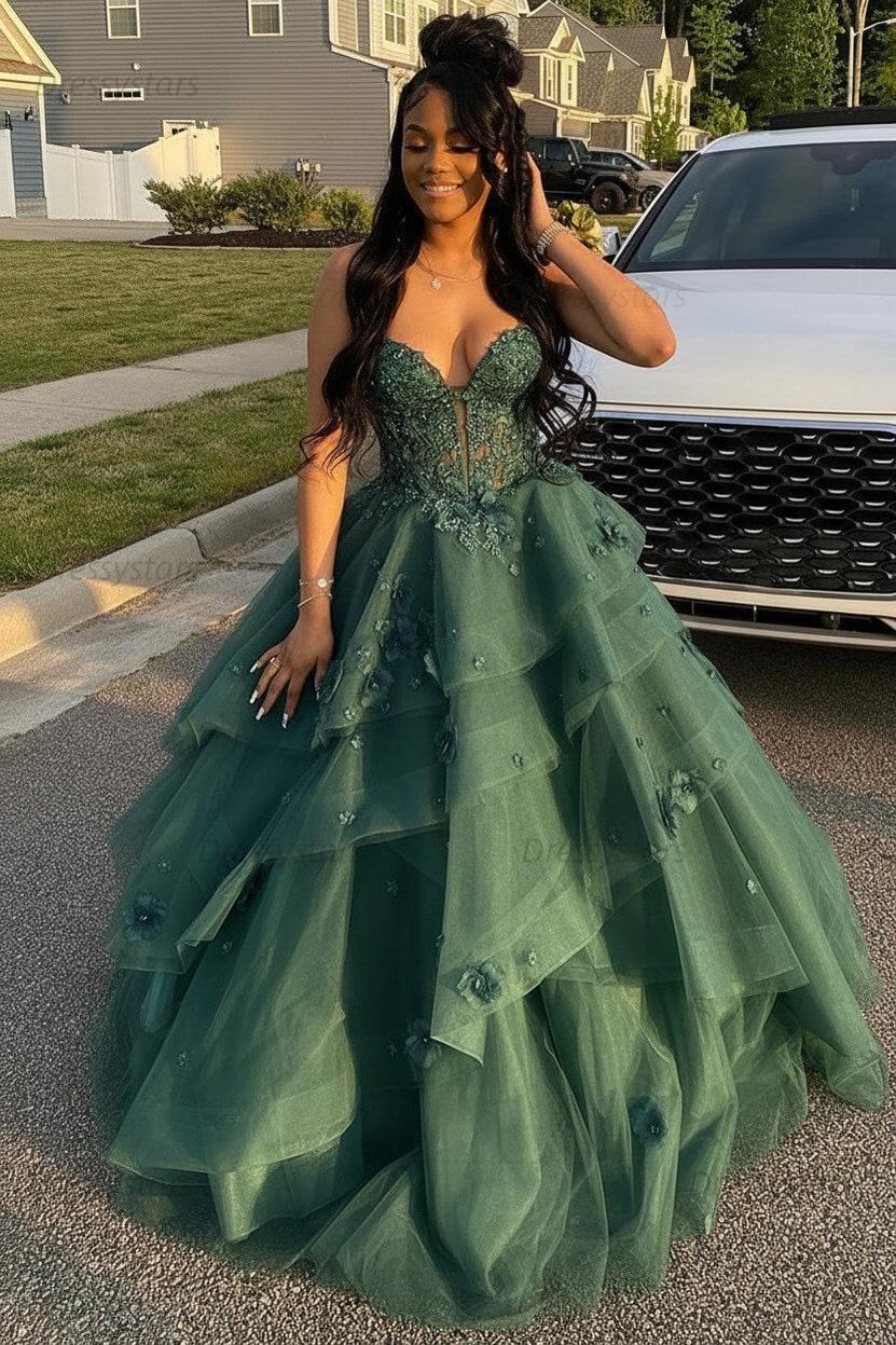 Sage Prom Dress Floral Tiered Ruffles A-Line Sweetheart Corset Long Formal Dress