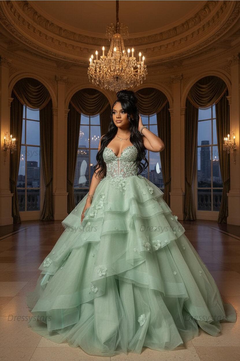 Sage Prom Dress Floral Tiered Ruffles A-Line Sweetheart Corset Long Formal Dress