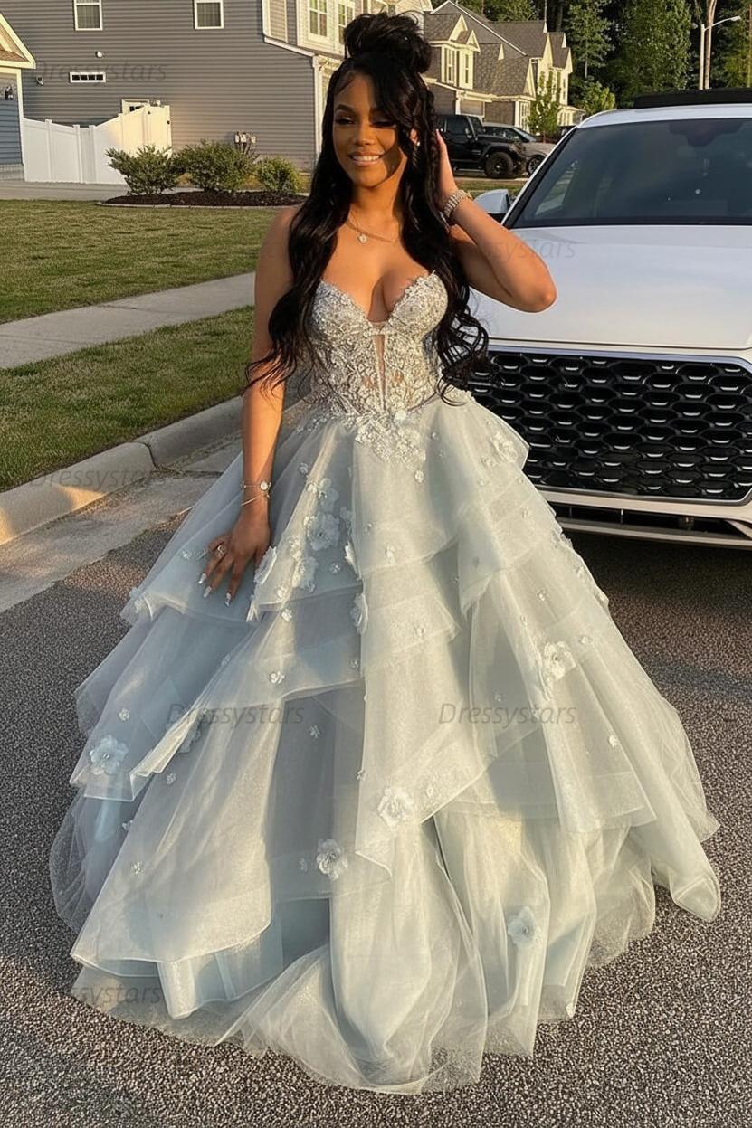 Sage Prom Dress Floral Tiered Ruffles A-Line Sweetheart Corset Long Formal Dress