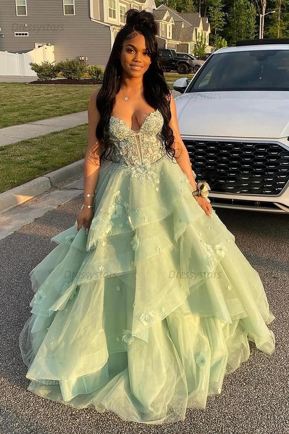 Sage Prom Dress Floral Tiered Ruffles A-Line Sweetheart Corset Long Formal Dress
