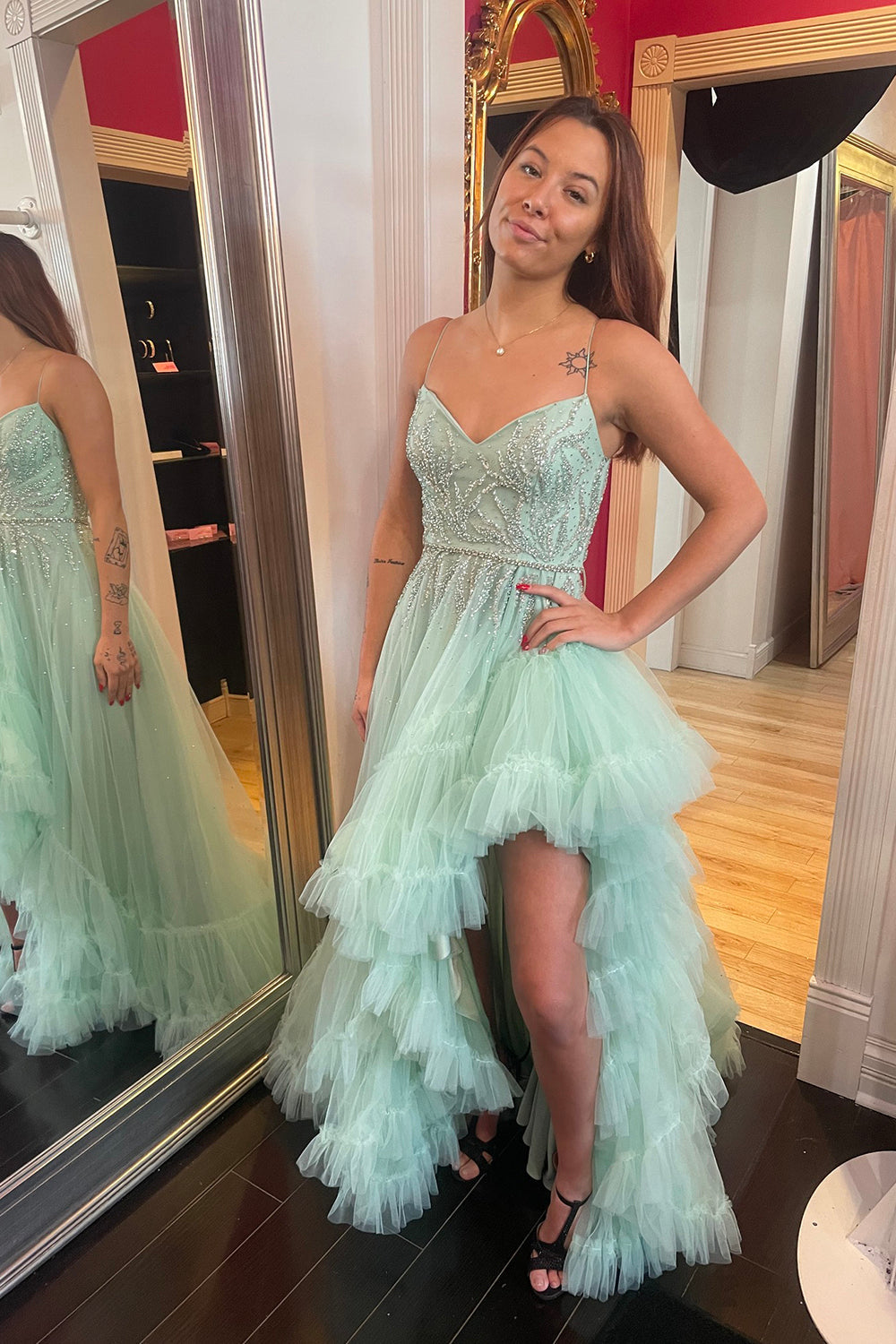 Sage Prom Dress Ruffled Tulle Long Evening Dress with Slit
