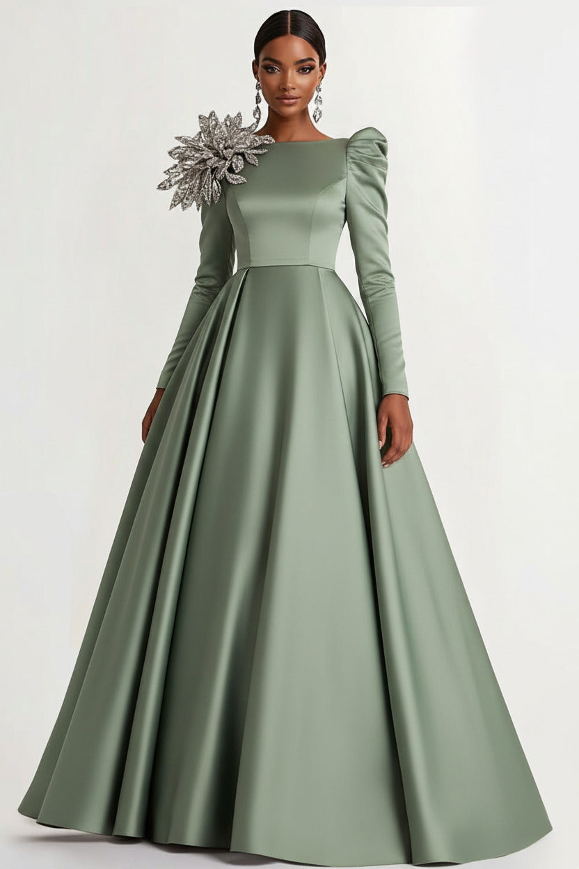 Dressystars A-Line Long Black Wedding Guest Dress Satin Boat Neck Formal Dress With Long Sleeves