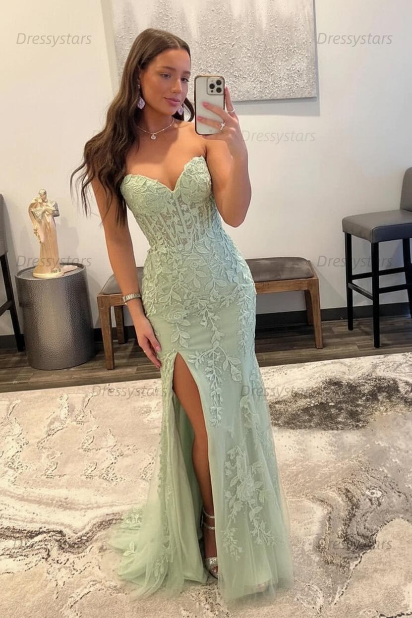 Black Prom Dress Corset Sweetheart Long Lace Mermaid Evening Dress with Slit