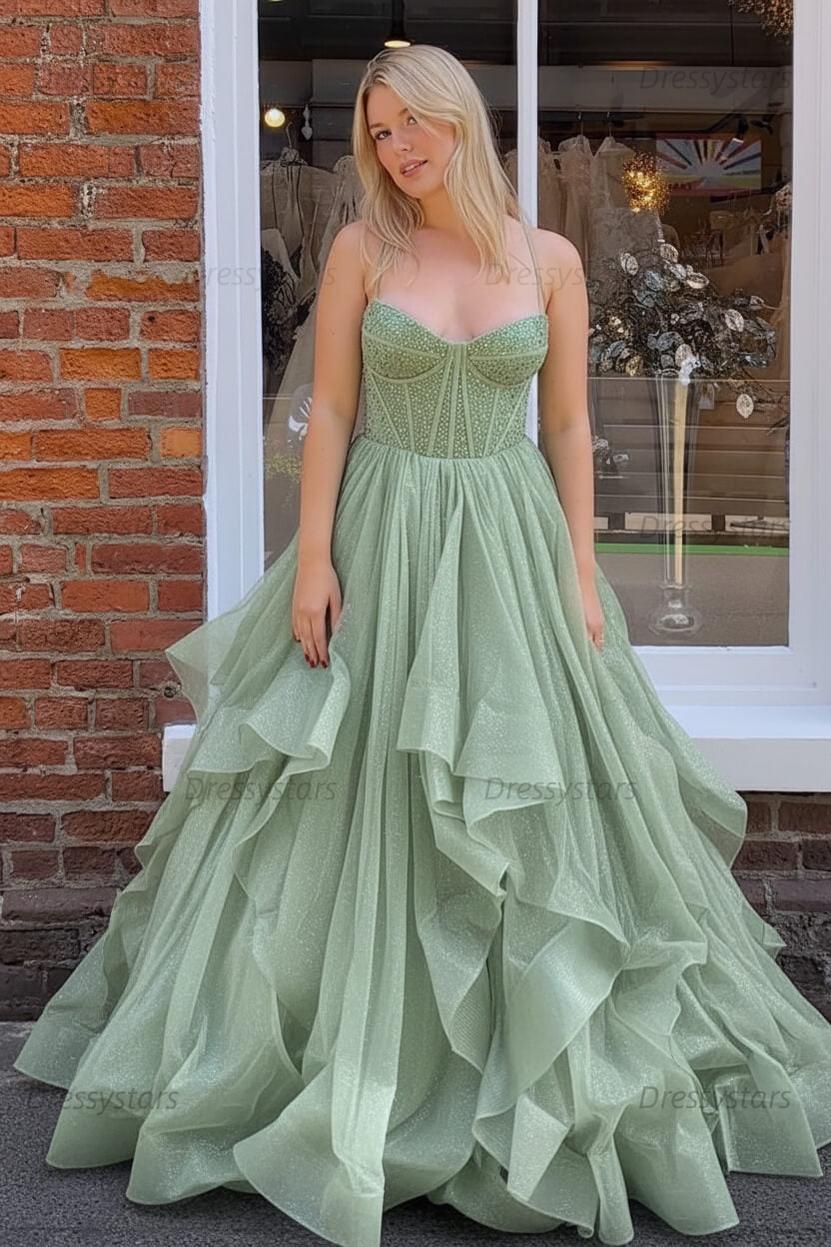 Dark Green A Line Long Corset Prom Dress With Ruffles