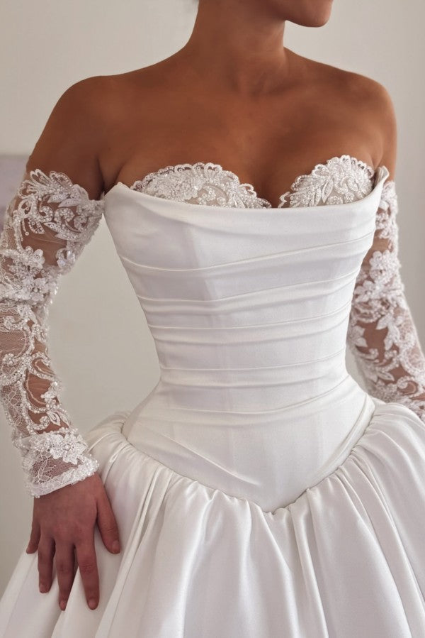 Satin A Line Wedding Dress with Lace Sleeves and Pleated Corset Bodice