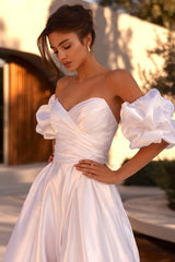 Satin A Line Wedding Dress with Side Slit and Detachable Puff Sleeves