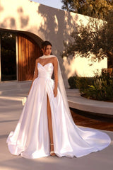 Satin A Line Wedding Dress with Side Slit and Detachable Puff Sleeves