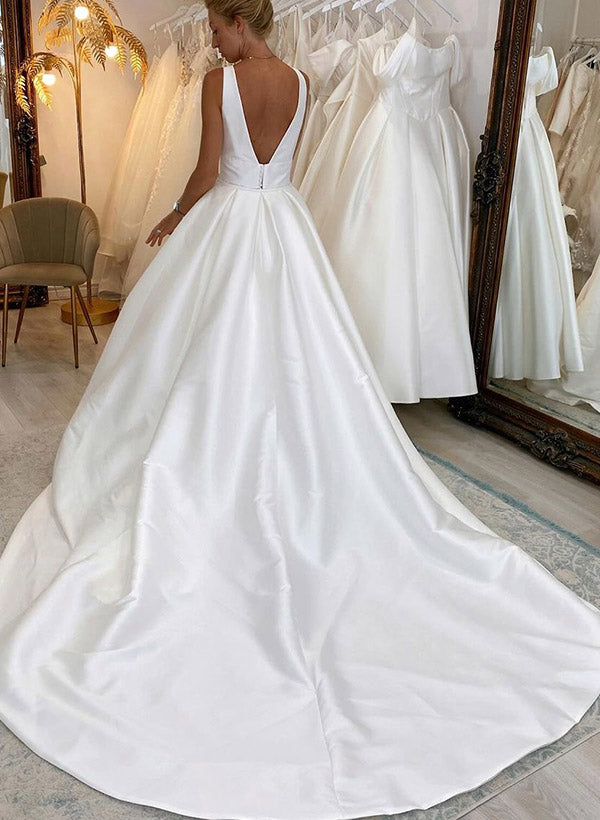 Satin A Line Wedding Dress with V Neck Sleeveless Design Sweep Train and High Split