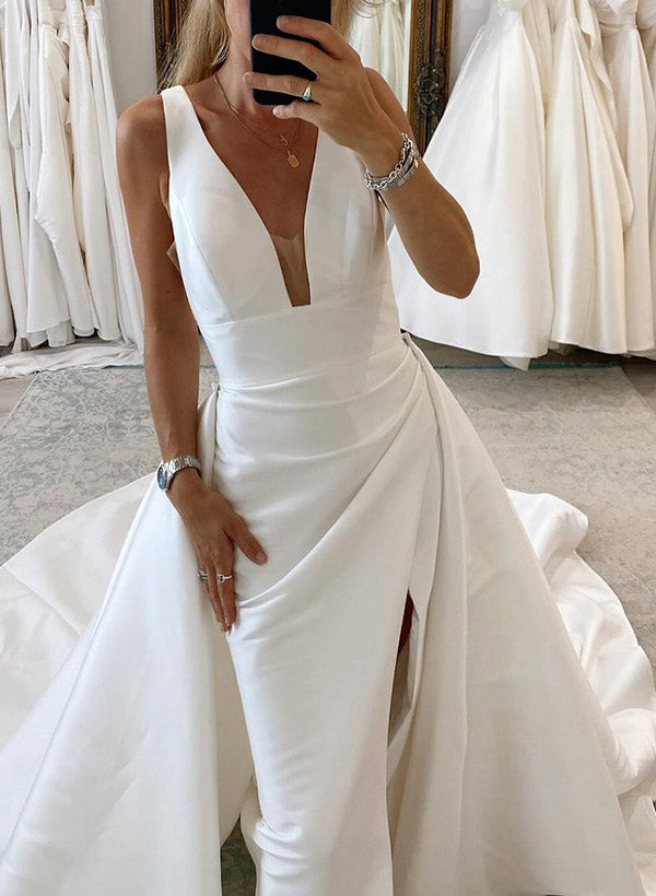 Satin A Line Wedding Dress with V Neck Sleeveless Design Sweep Train and High Split