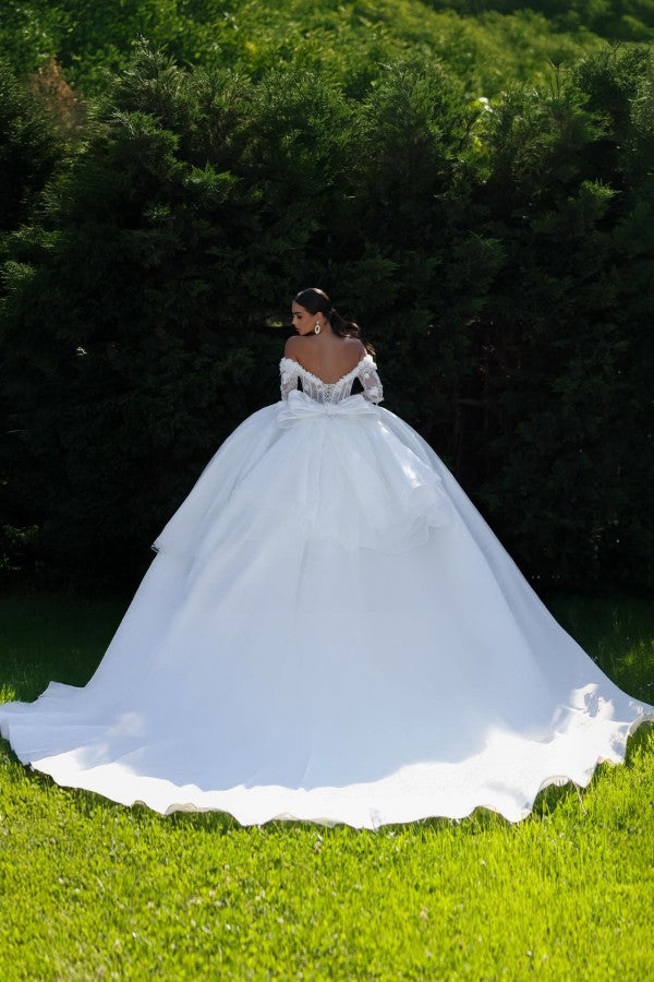 Satin Ball Gown Wedding Dress with 3D Floral Sleeves and Back Bow