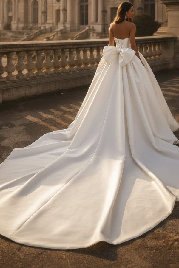Satin Ball Gown Wedding Dress with Back Bow and Cathedral Train