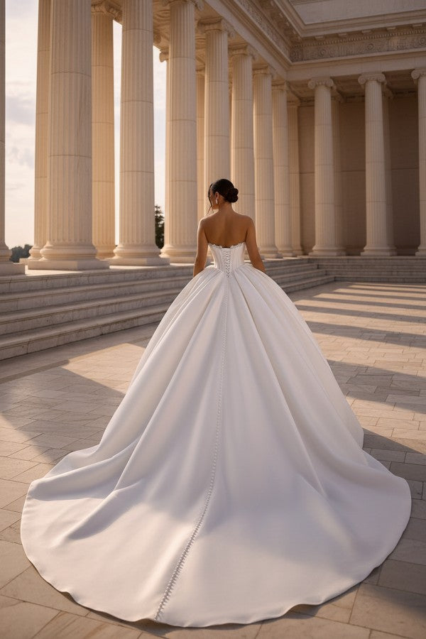 Satin Ball Gown Wedding Dress with Corset Bodice and Rhinestone Neckline