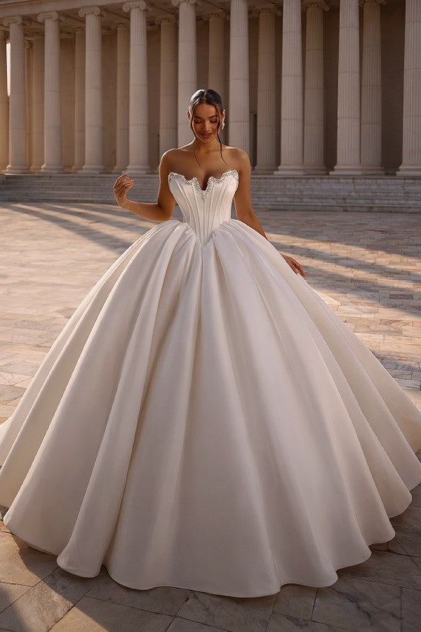 Satin Ball Gown Wedding Dress with Corset Bodice and Rhinestone Neckline