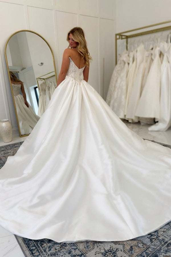 Satin Ball Gown Wedding Dress with Pearl Corset Bodice and Open Back