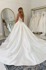 Satin Ball Gown Wedding Dress with Pearl Corset Bodice and Open Back