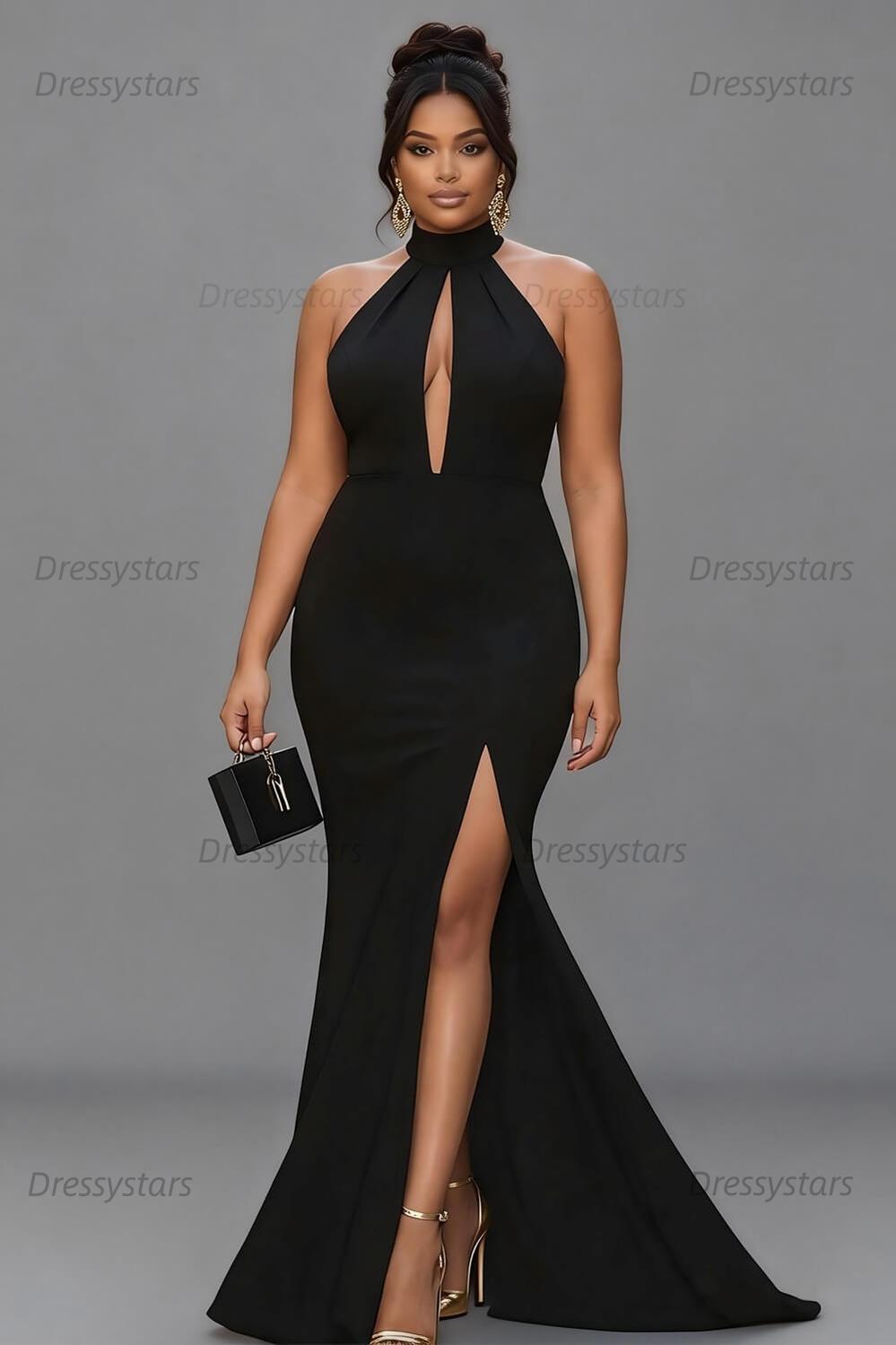Dressystars Satin Black Wedding Guest Dress Mermaid Halter Neck Formal Dress