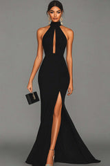 Satin Black Wedding Guest Dress Mermaid Halter Neck Formal Dress