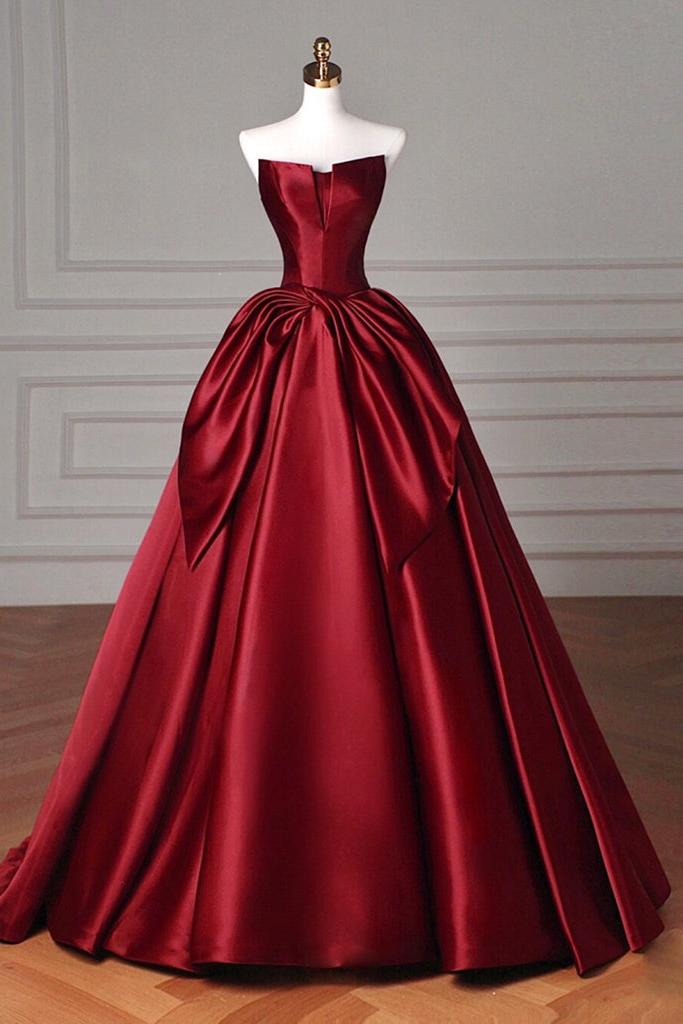Satin Burgundy Prom Dress Long Formal Evening Dress