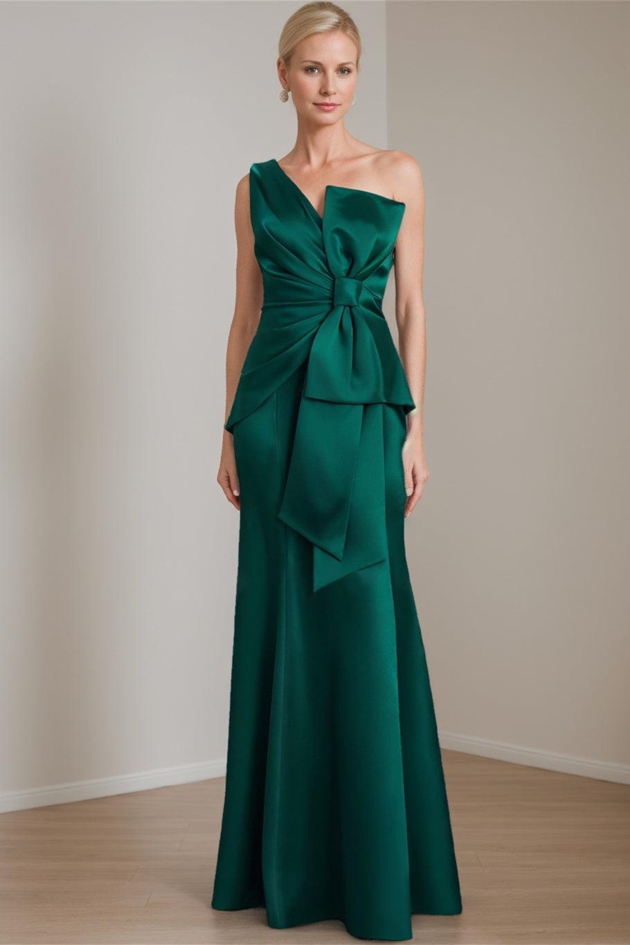 Satin Floor-Length Sleeveless One-Shoulder Bow Gown for the Mother of the Bride