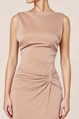 Satin Formal Dress Sheath Boat Neck Long Wedding Guest Dress With Slit