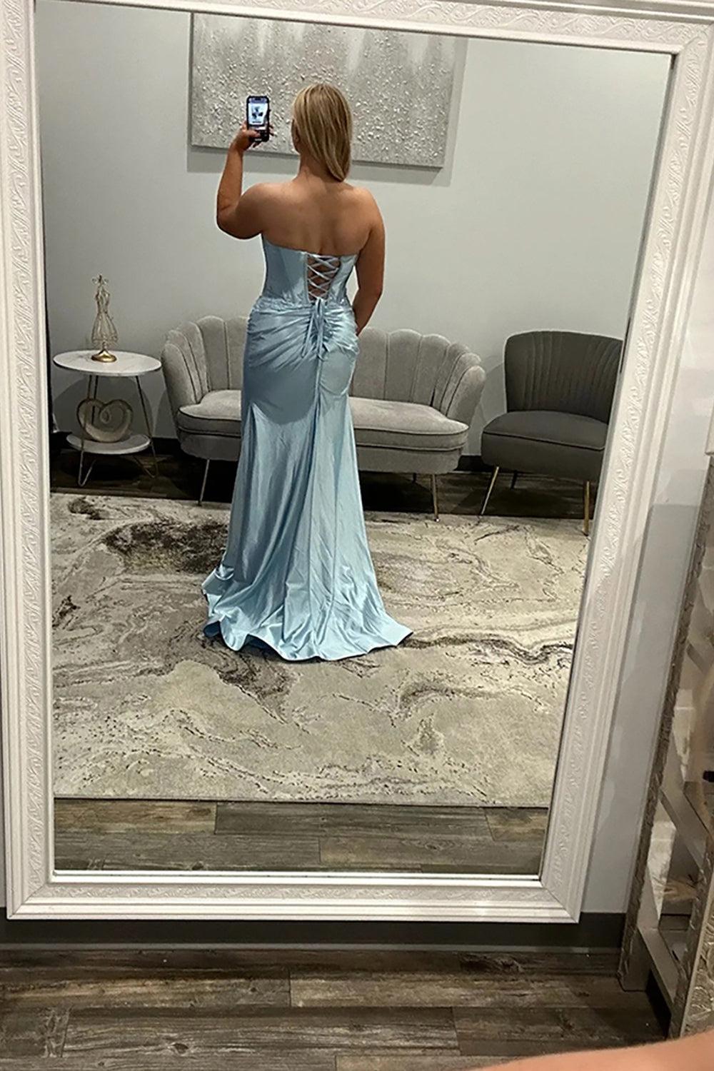 Satin Light Blue Prom Dress Corset Sweetheart Mermaid Long Formal Dress With Slit
