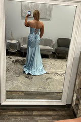 Satin Light Blue Prom Dress Corset Sweetheart Mermaid Long Formal Dress With Slit