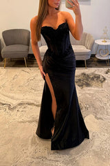 Satin Light Blue Prom Dress Corset Sweetheart Mermaid Long Formal Dress With Slit