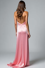 Satin Long Backless Pink Wedding Guest Dress Halter Formal Dress With Slit