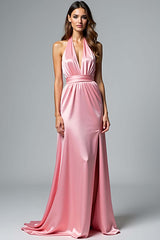 Satin Long Backless Pink Wedding Guest Dress Halter Formal Dress With Slit
