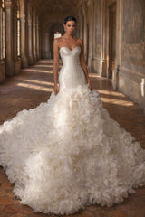 Satin Mermaid Wedding Dress with Corset Bodice and Ruffled Organza Train