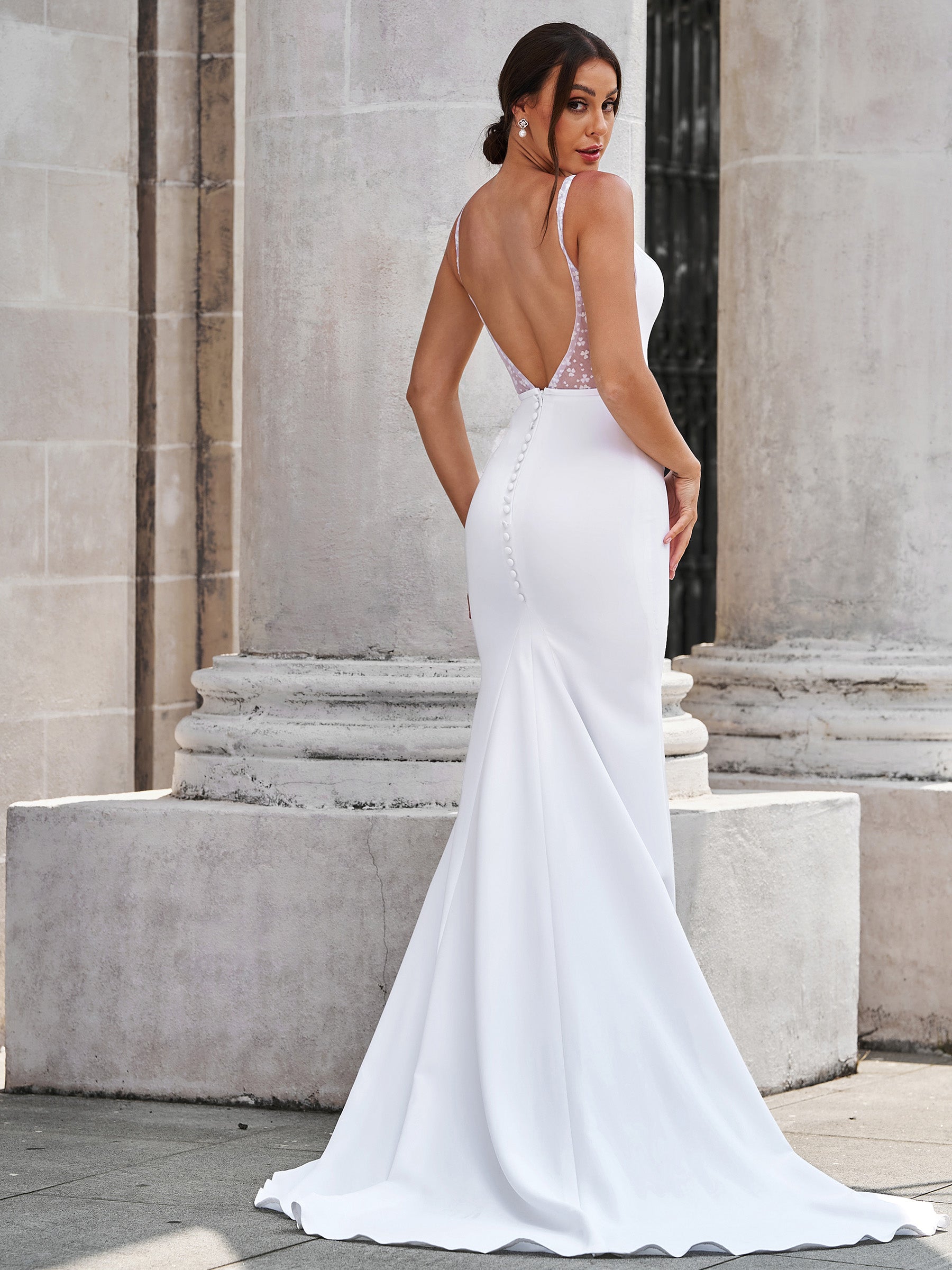 Satin Mermaid Wedding Dress with V-Neck and Lace Appliques