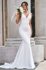Satin Mermaid Wedding Dress with V-Neck and Lace Appliques