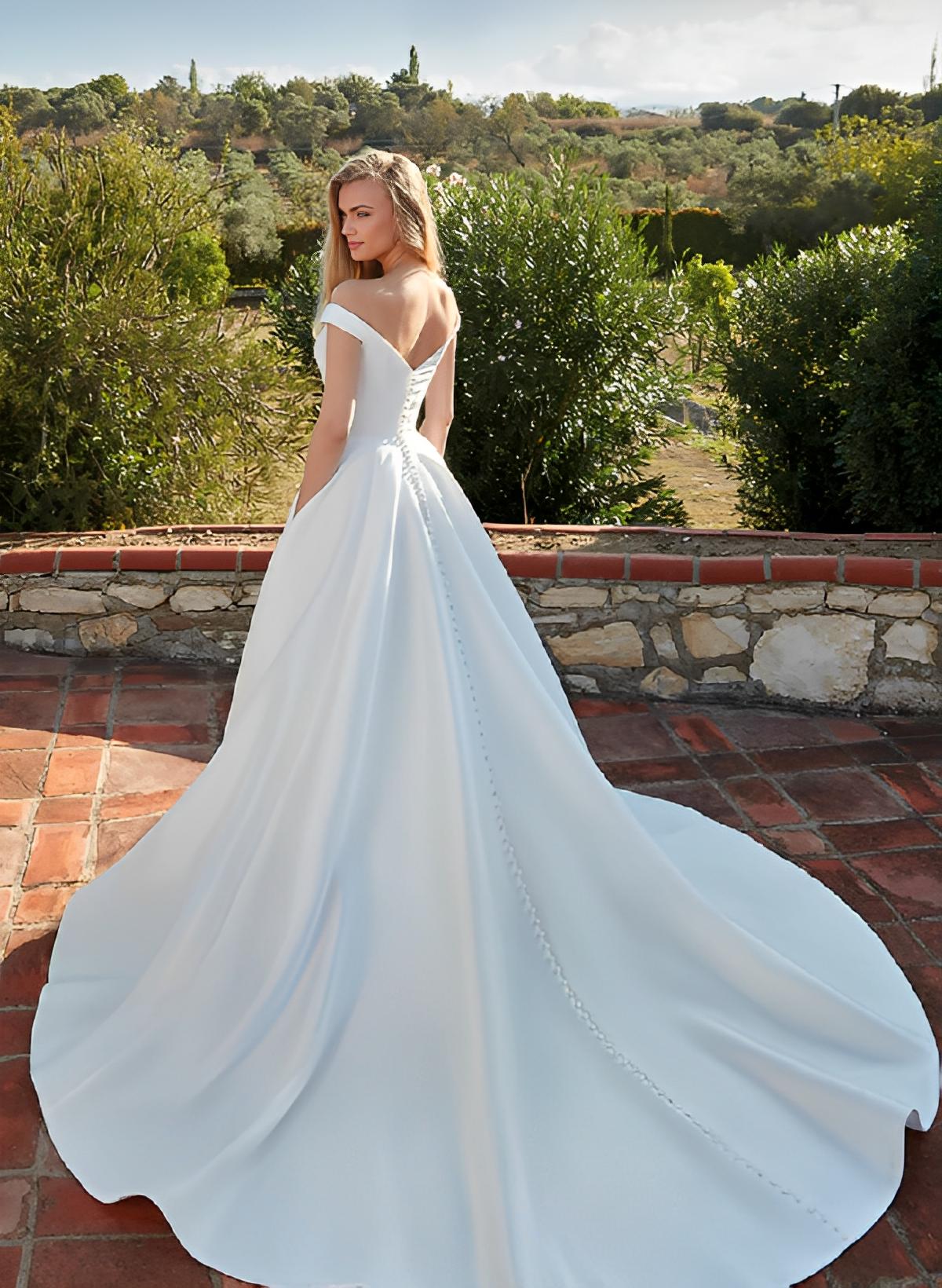 Satin Off the Shoulder Ball Gown Boho Wedding Dress