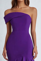 Satin Plum Off The Shoulder Knee-Length Formal Dress